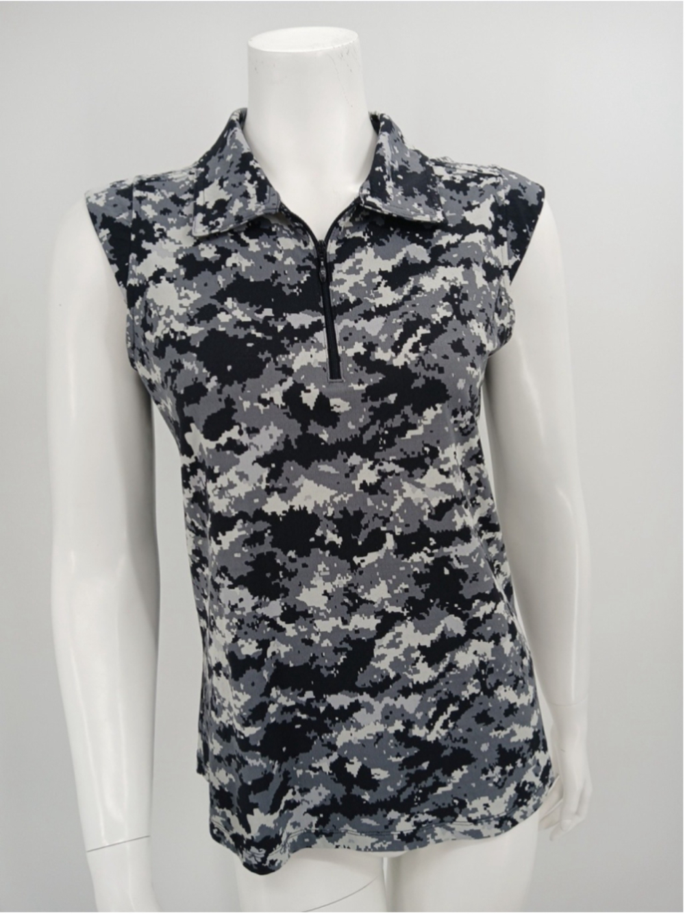 IBKUL CAMO GRAY BLACK Sleeveless Polo Golf Shirt Womens Size M UPF Pickleball